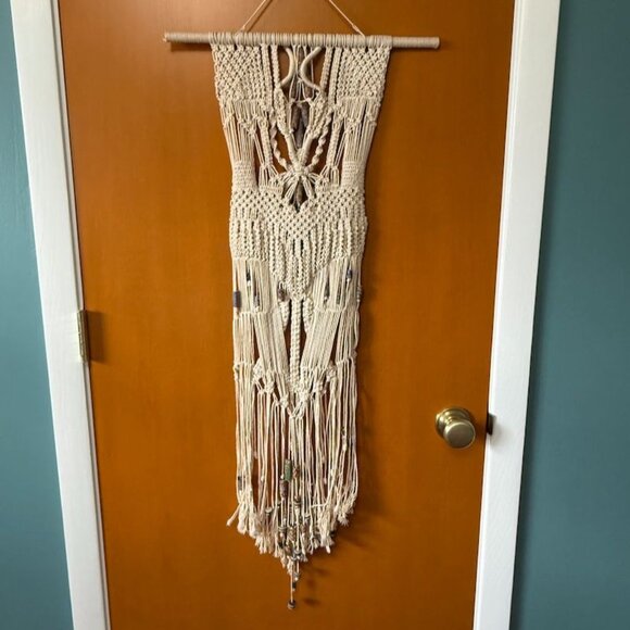 Vintage Macramé Wall Hanging Boho Venetian Antique Chevron Cane Millefiori Beads - Picture 7 of 10